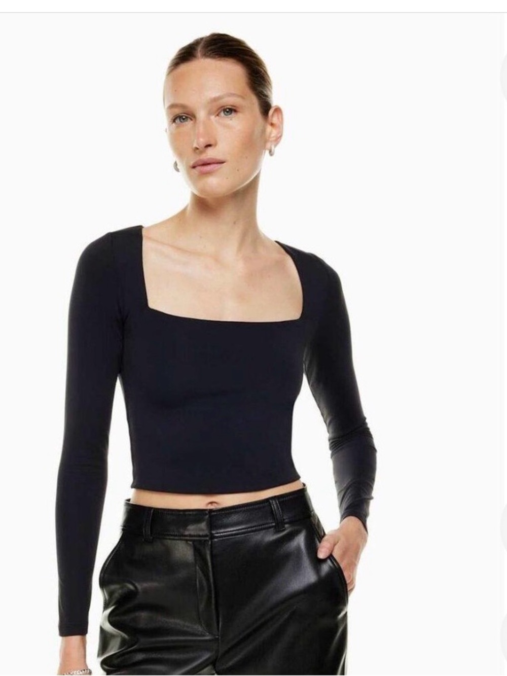 Aritzia Babaton Contour Black Square-Neck Long-Sleeve Crop Top